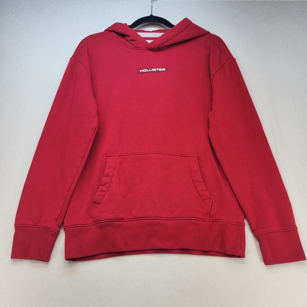 Hollister Hoodie Mens Small Red Casual Logo Patch Pullover Fleece Sweatshirt
